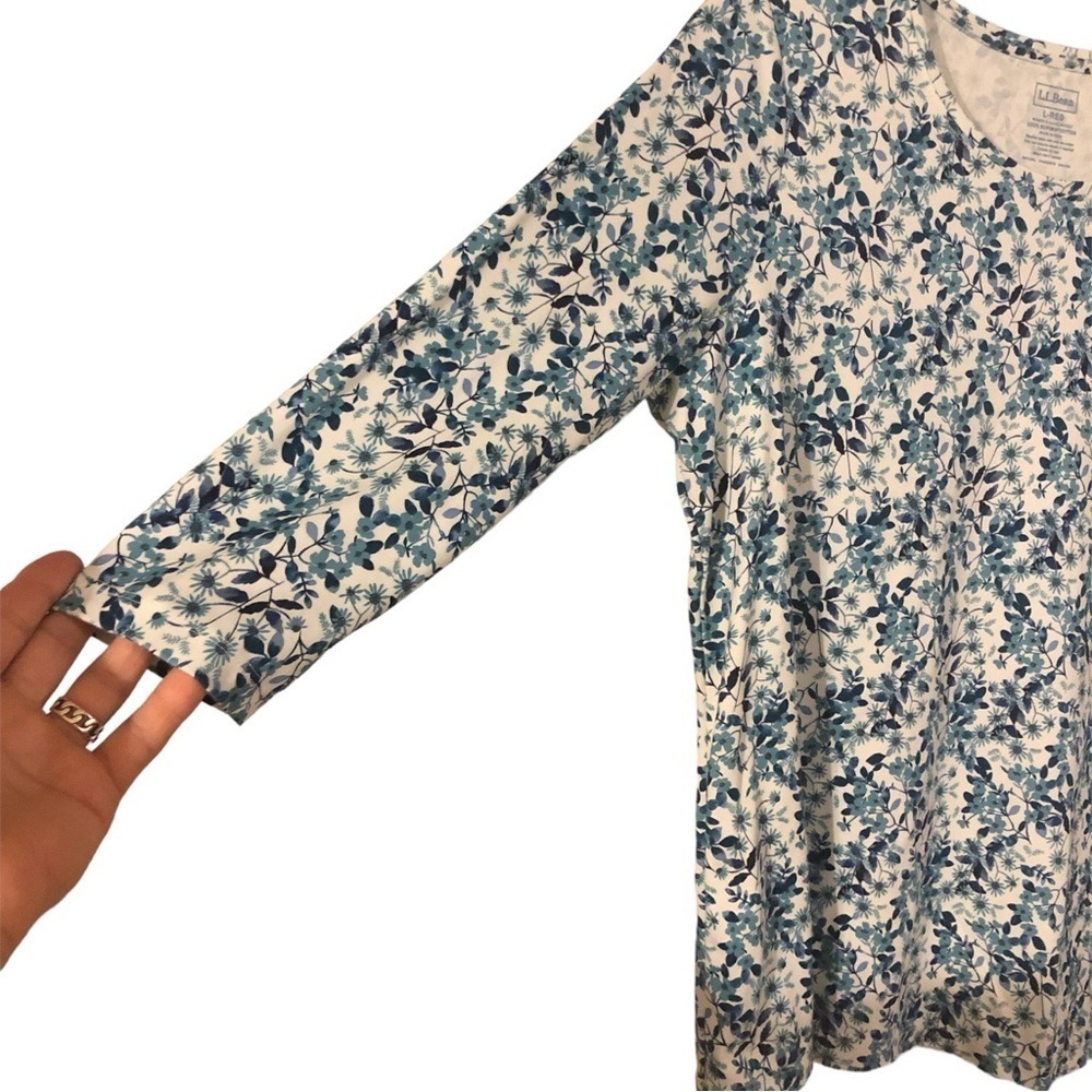 L.L. Bean Supima Cotton Tee 3/4Sleeve Blue/White Floral Design Casual Coastal L - Picture 2 of 7